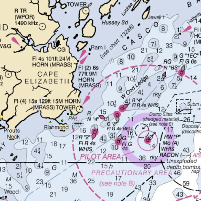 An excerpt of a map with nautical data overlaid.