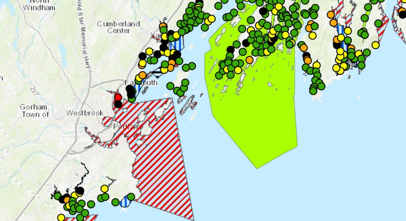  A map of the Maine coastline includes location dots and certain areas are highlighted with different colors and patterns indicating closures. 