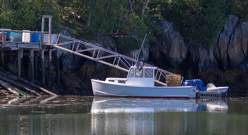  A boat is docked next to a metal ramp down to a body of water. 