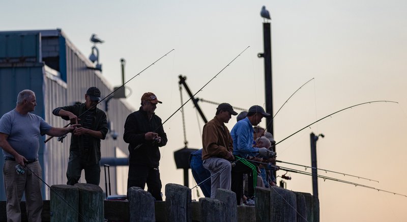  a group of men with fishing poles fish off a dock. 